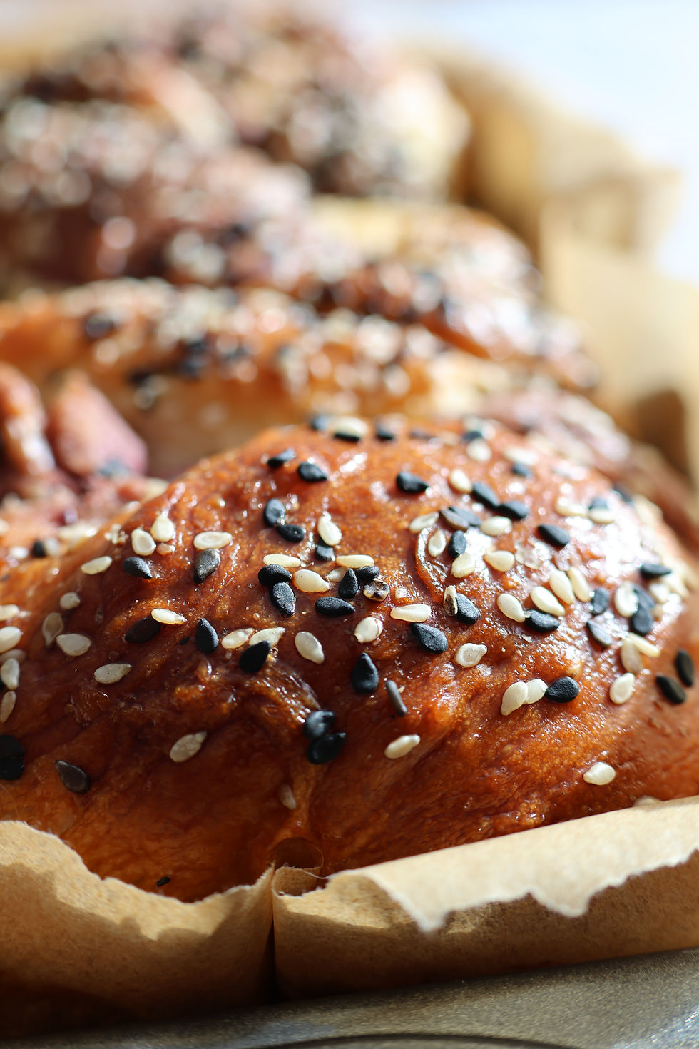 Top of a baked braided bread close-up with sesame seeds.