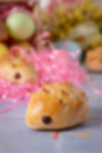 Close-up of a hedgehog shaped bread bun.