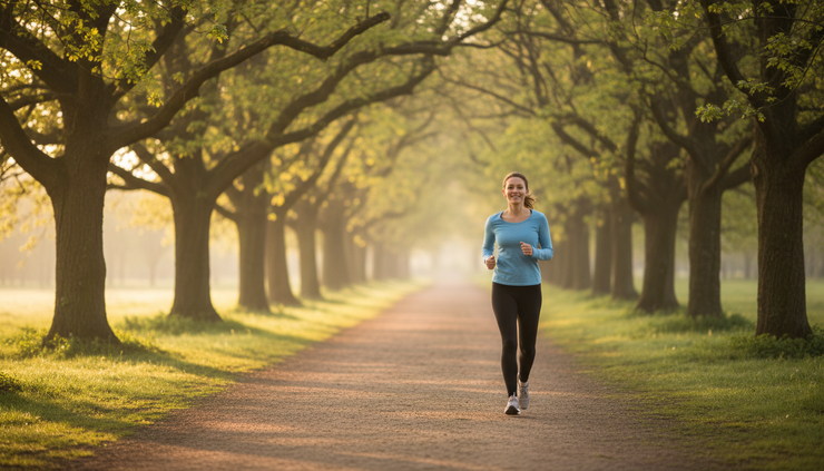 Wide-angle view of a beginner runner on a quiet park path at sunrise.