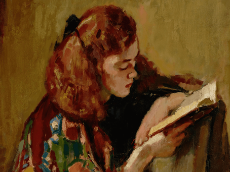 Ölgemälde „Girl Reading" von Magnus Enckell (1921–1922): Ein junges Mädchen sitzt versunken in ein Buch, das Gesicht nach unten geneigt. Die leuchtenden Farben und der lockere Pinselstil zeugen vom Einfluss des Post-Impressionismus.