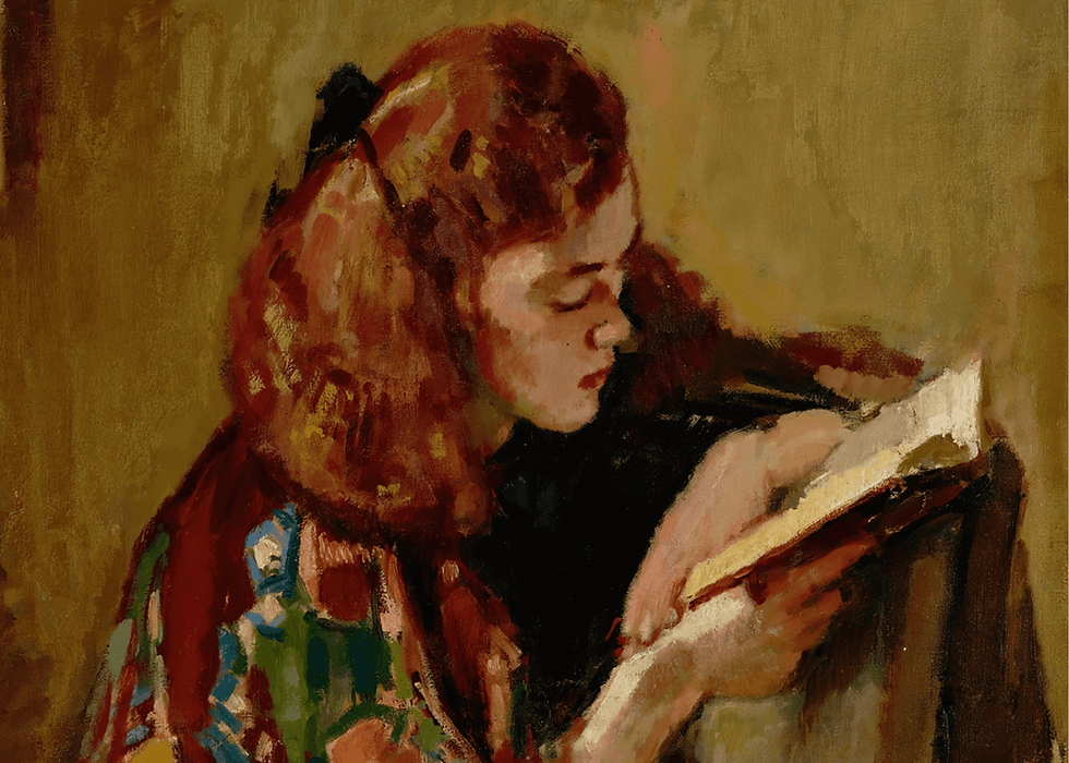 Ölgemälde „Girl Reading" von Magnus Enckell (1921–1922): Ein junges Mädchen sitzt versunken in ein Buch, das Gesicht nach unten geneigt. Die leuchtenden Farben und der lockere Pinselstil zeugen vom Einfluss des Post-Impressionismus.