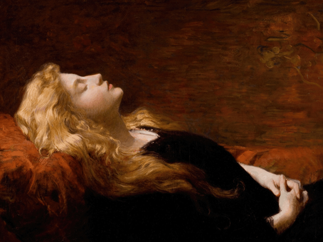 Ölgemälde „Le Repos" von Victor Gabriel Gilbert: Eine junge Frau mit langem blondem Haar liegt zurückgelehnt auf einem roten Untergrund, die Augen geschlossen, die Hände locker gefaltet. Ihr Gesicht leuchtet hell vor dem dunklen, rotbraunen Hintergrund.