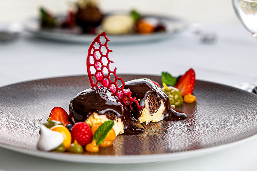 Elegant dessert with chocolate sauce, red honeycomb garnish, berries, and mint on a speckled plate. White table setting.