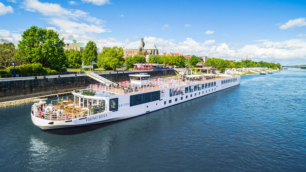 Cruise ship "Viking Beyla" on a river, sunny day. Green trees and historic buildings in the background. Blue sky and calm water.