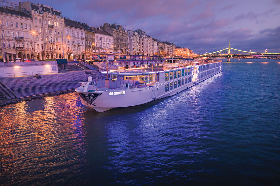 A river cruise ship named SS Beatrice sails beside a lit-up cityscape at twilight, with a distant lit bridge and reflections in the water.
