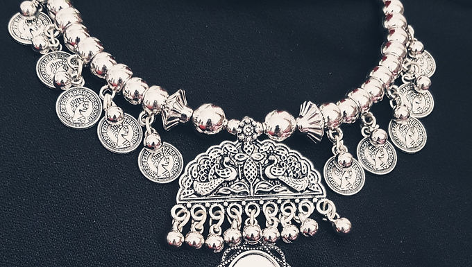 Silver Oxidized Afghani Traditional Necklace Set