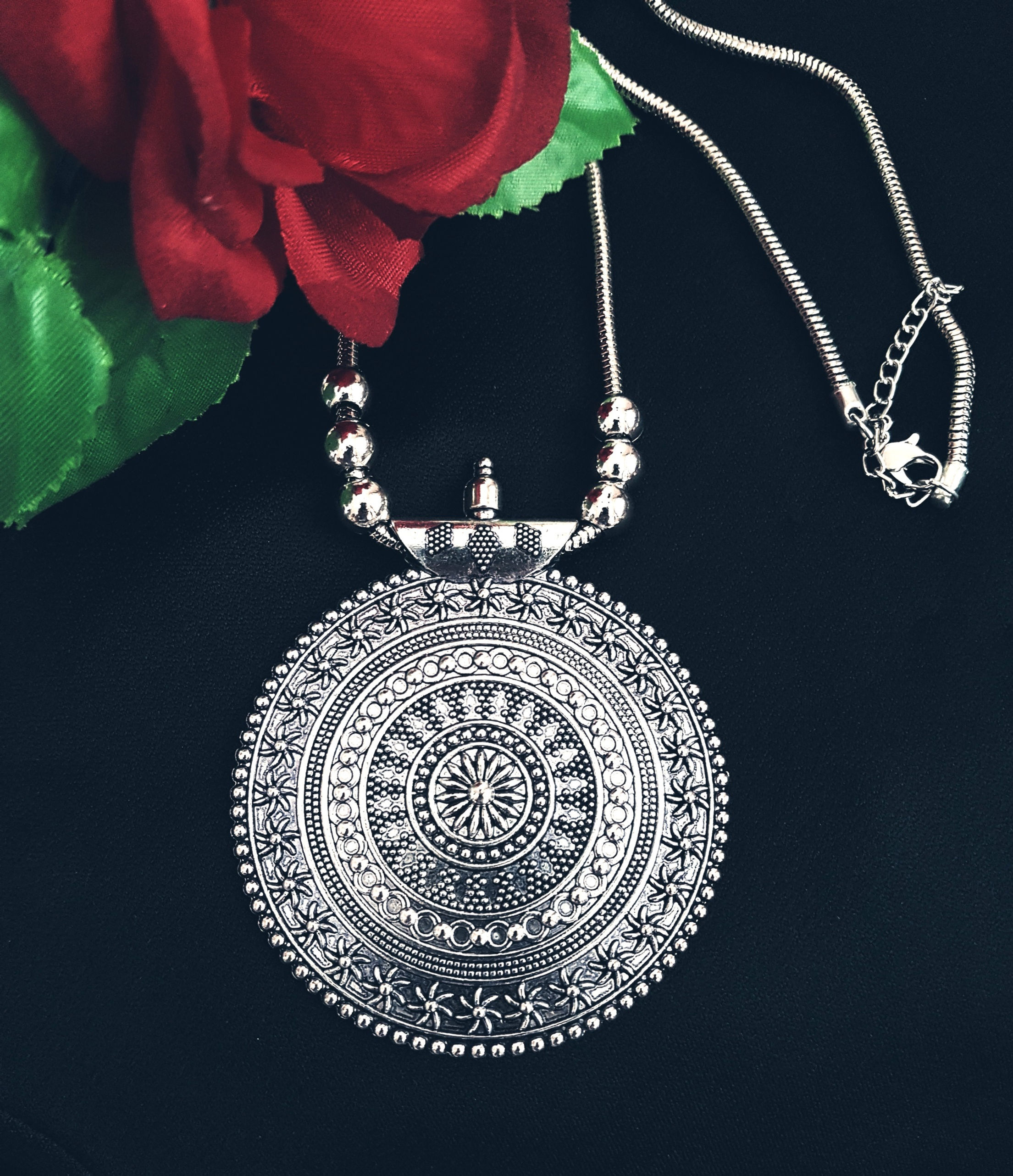 Silver Oxidized Afghani Pendant Necklace