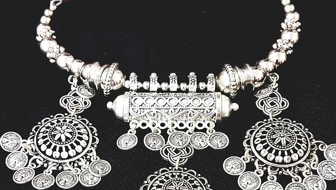 Silver Oxidized Afghani Traditional Necklace Set