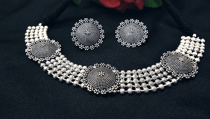 Oxidized Silver Afghani Traditional Necklace Set