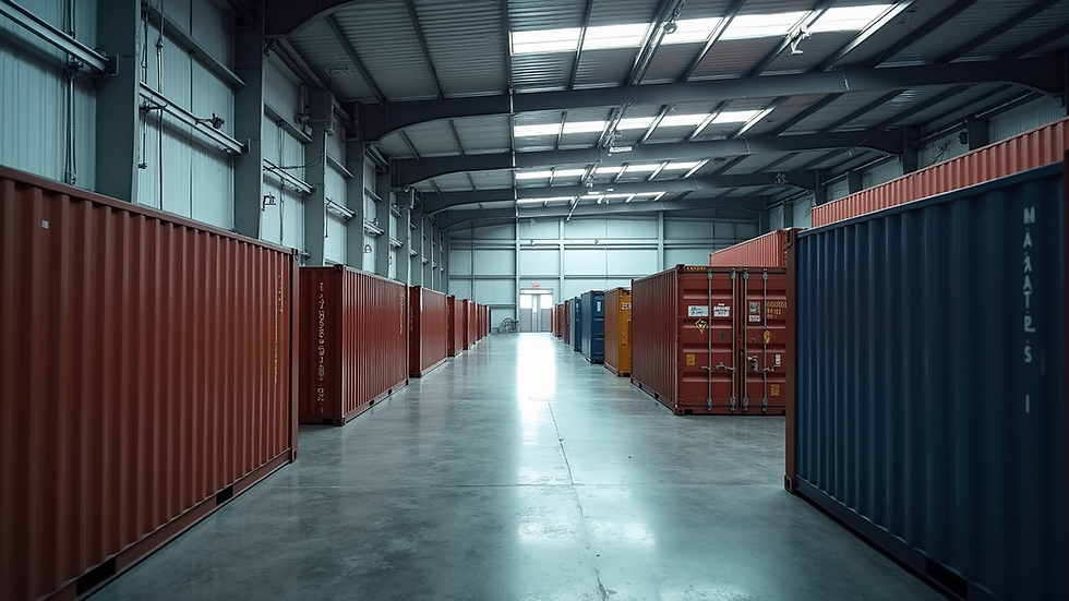 Wide angle view of a warehouse with shipping containers