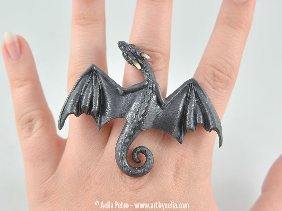 Dragon Ring - Unpainted Dark Grey Dragon with Detailed Horns and Eyes