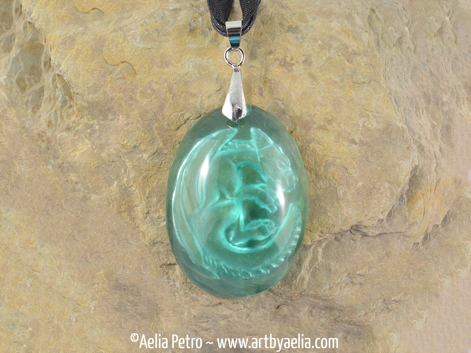 Teal Dragon Glass Necklace - Dragon Intaglio Pendant - In Stock and Ready to