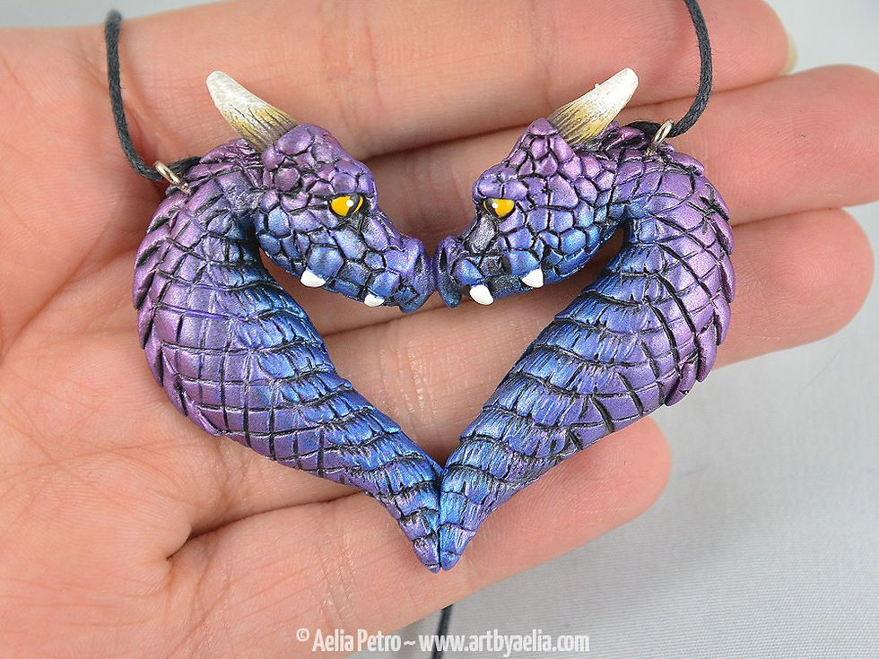 Thumbnail: Dragon Portrait Heart Necklace - Purple Aurora Dragons - IN STOCK and Ready to