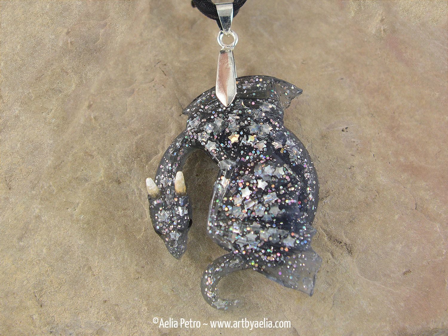 Resting Silver Starry Fairy Dragon Necklace