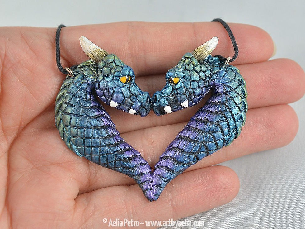 Thumbnail: Dragon Portrait Heart Necklace - Aurora Borealis Dragons - IN STOCK and Ready to