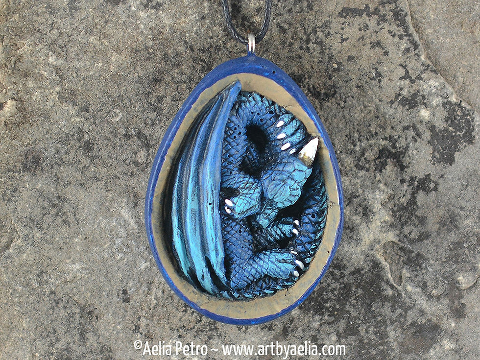 Dragon Egg Relief Necklace - Blue and Turquoise Dragon - Flat Backed