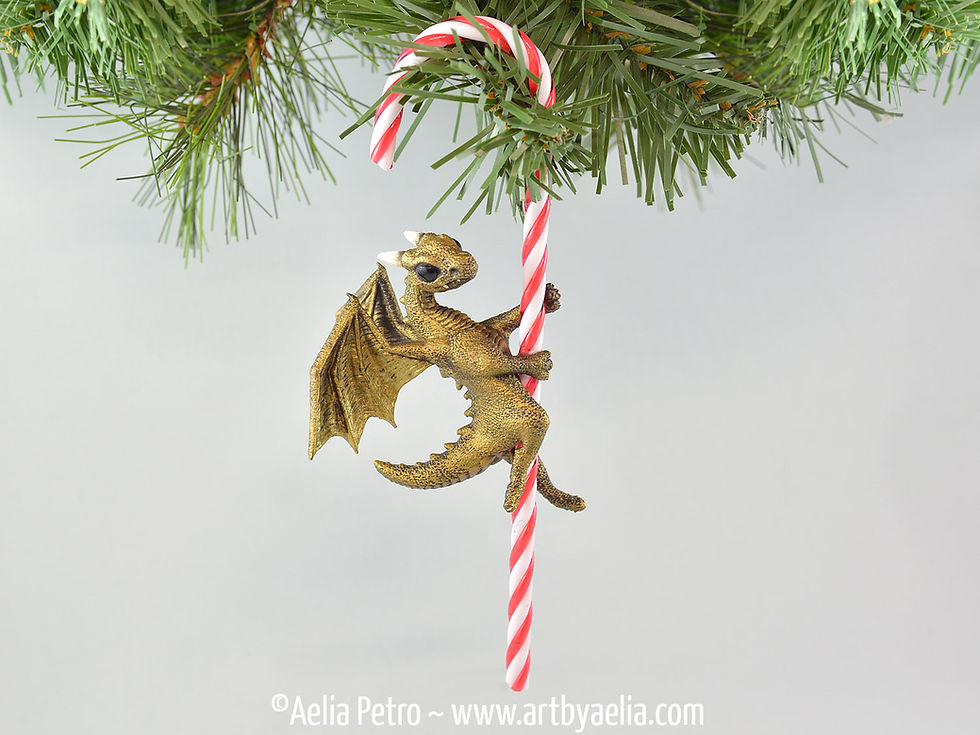 Thumbnail: Candy Cane Dragon Ornament - Antique Gold Dragon - IN STOCK and Ready to Ship