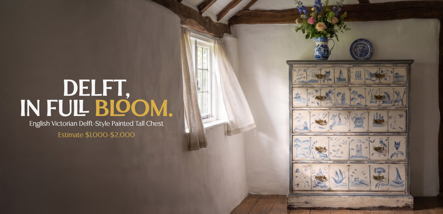 English Victorian Delft-Style Painted Tall Chest
