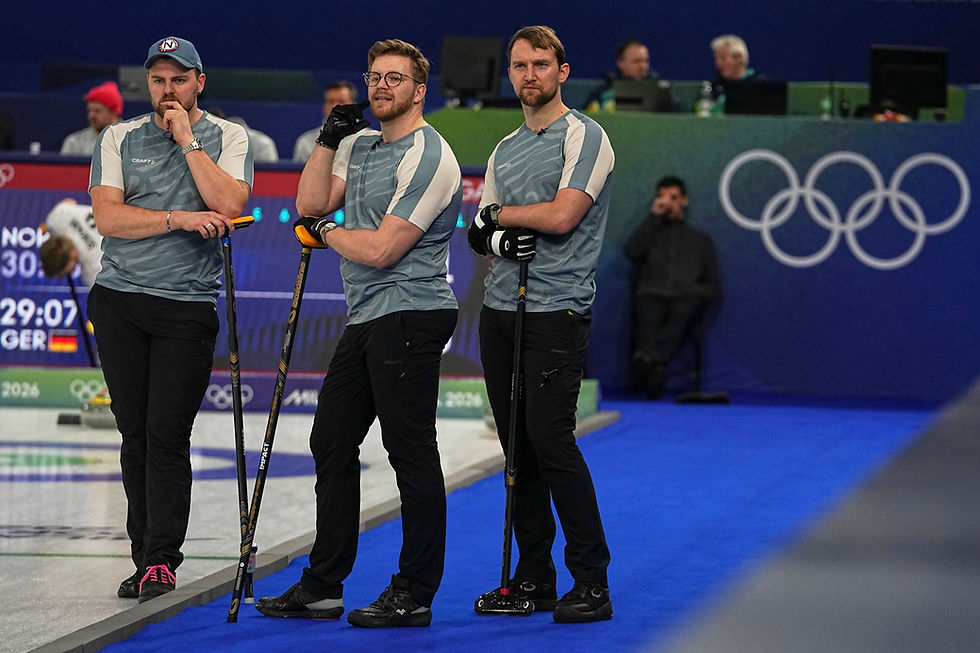 Martin Sesaker, Bendik Ramsfjell og Gaute Nepstad avbildet under OL-turneringen. Foto: Fatima Shbair / AP / NTB