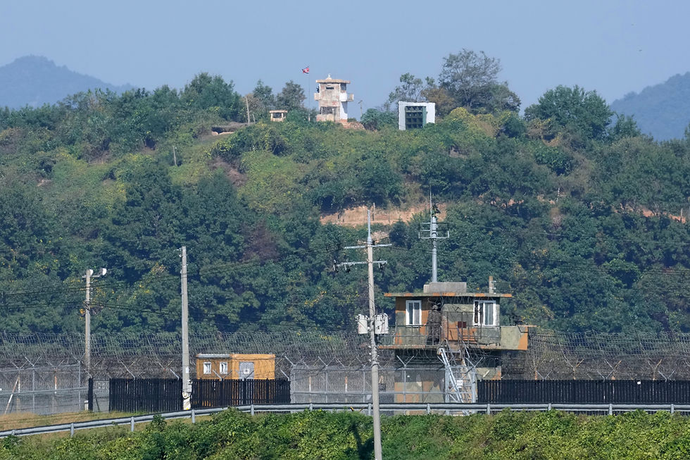 South Korea Border Blasts
A North Korean military guard post, top, and a South Korean post, bottom, are seen near the border with North Korea, in Paju, South Korea, Tuesday, Sept. 29, 2026. (AP Photo/Ahn Young-joon)