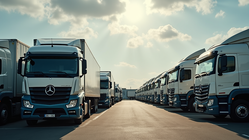 High angle view of a fleet of trucks parked in a lot
