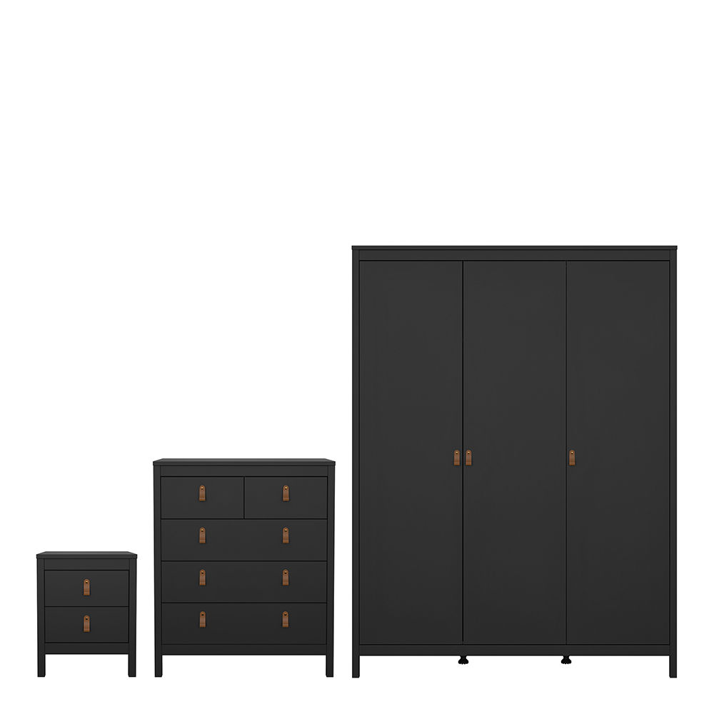 Bradley 3 Piece Bundle, Bedside, Chest and 3 Door Wardrobe in Matt Black