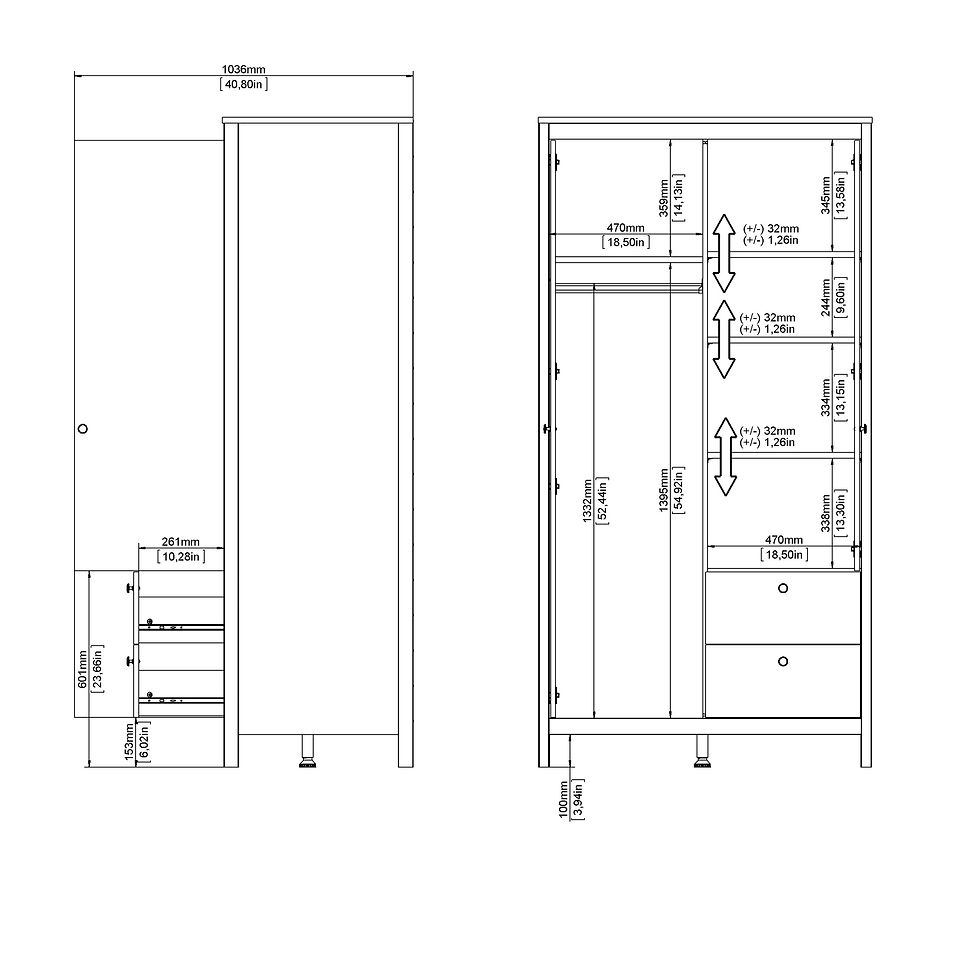 Thumbnail: Bradley Wardrobe with 1 door + 1 mirror door + 2 drawers Matt Black