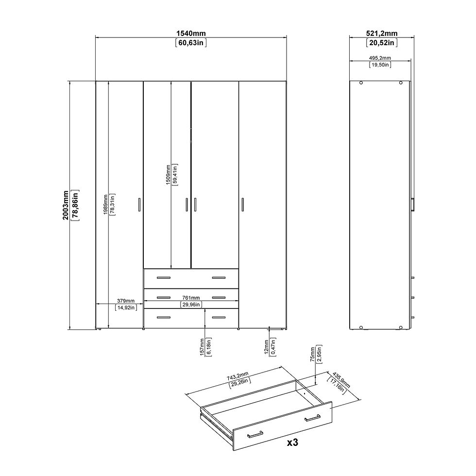 Thumbnail: Classic Wardrobe - 4 Doors 3 Drawers in White 2000