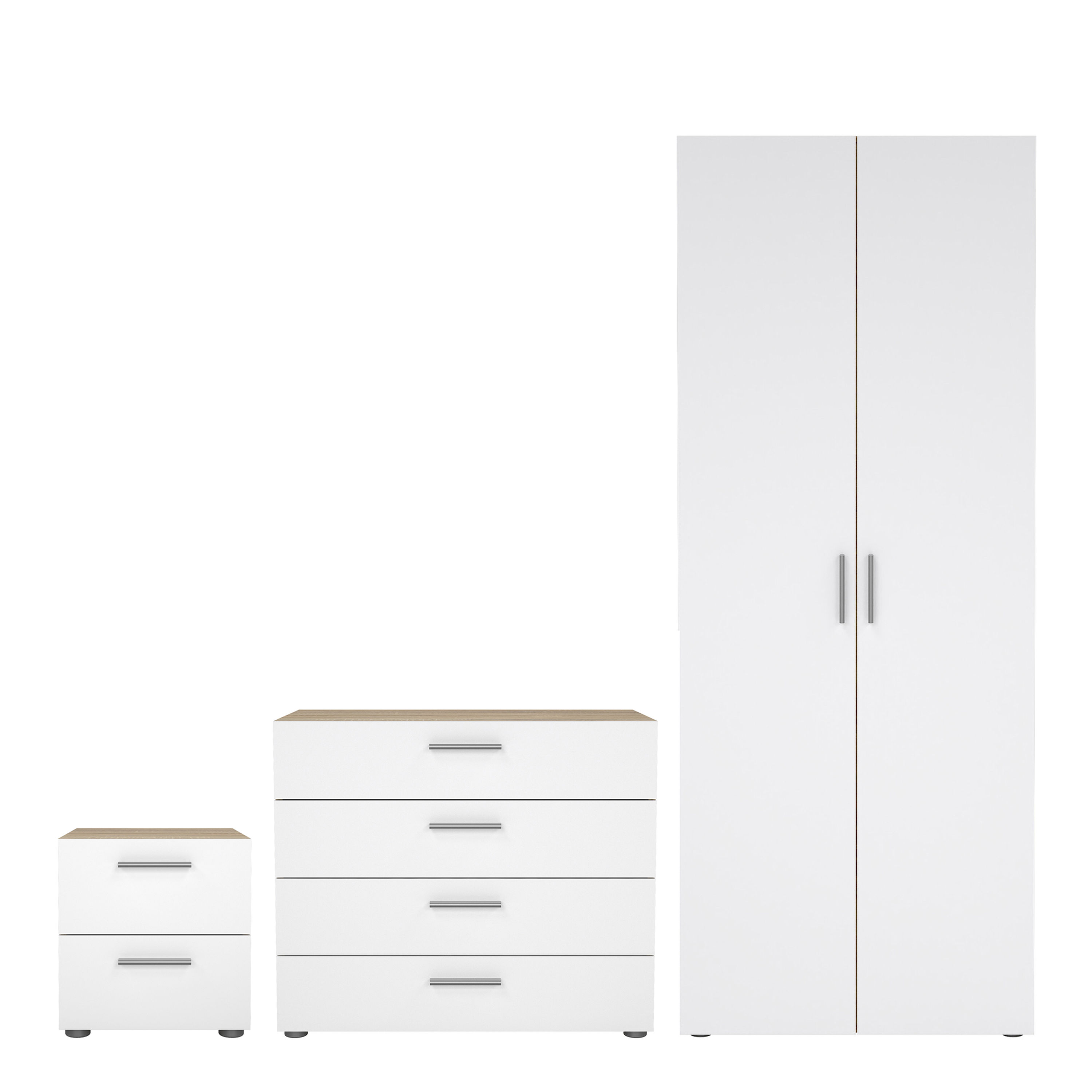 Phoenix 3 Piece Bundle, Bedside, Chest 2 Dr Wardrobe in Oak and White High Gloss