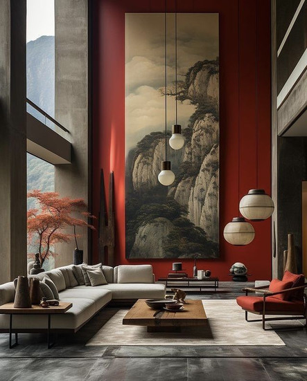Living room, tall ceilings, red wall