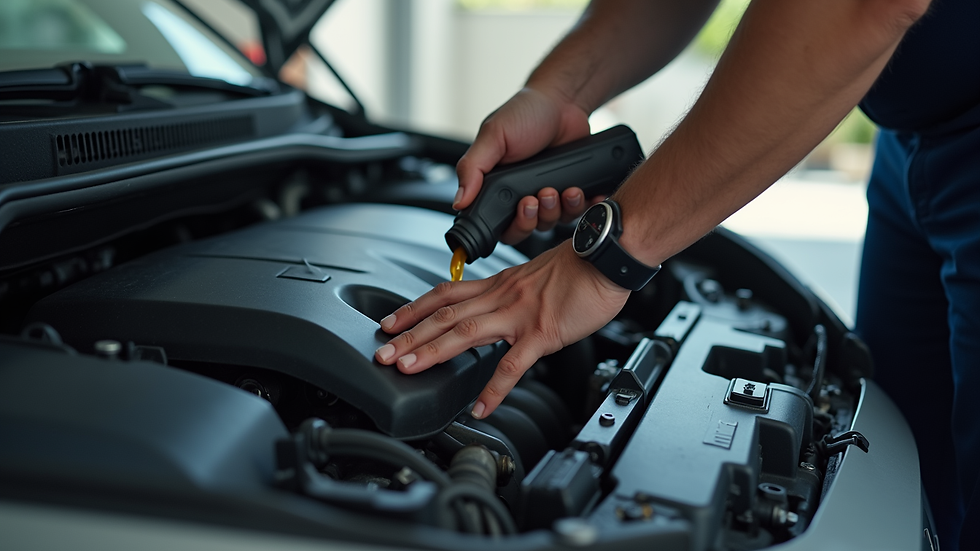 Close-up view of a car engine with oil being checked