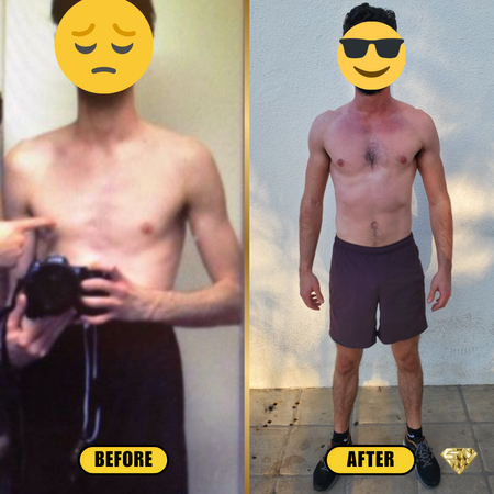 Before and after picture of an amazing muscle building transformation of a young man – from extremely skinny to lean and muscular