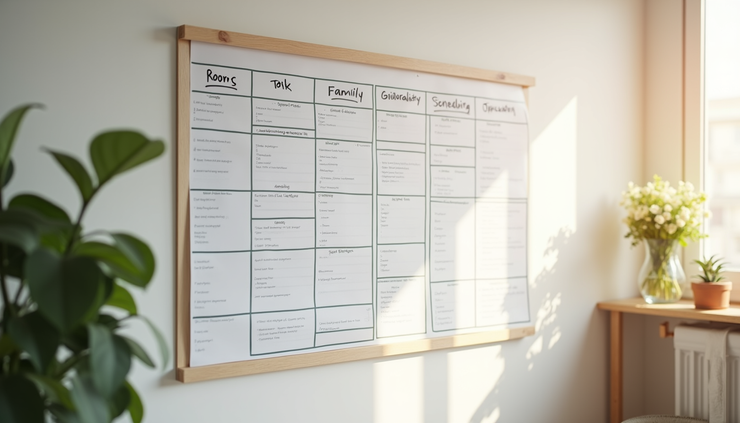 Eye-level view of a wall-mounted organizational chart with cleaning tasks divided by rooms and family members