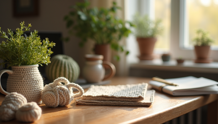 Eye-level view of a cozy workspace with handmade crochet pieces and fresh homegrown herbs arranged neatly