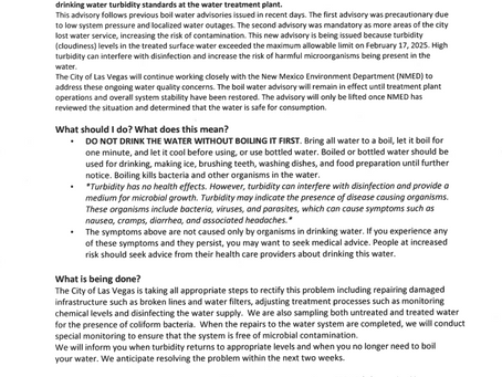 2/18/2025  4:45 p.m. - DRINKING WATER WARNING: City of Las Vegas water system has high turbidity levels -- BOIL YOUR WATER BEFORE USING