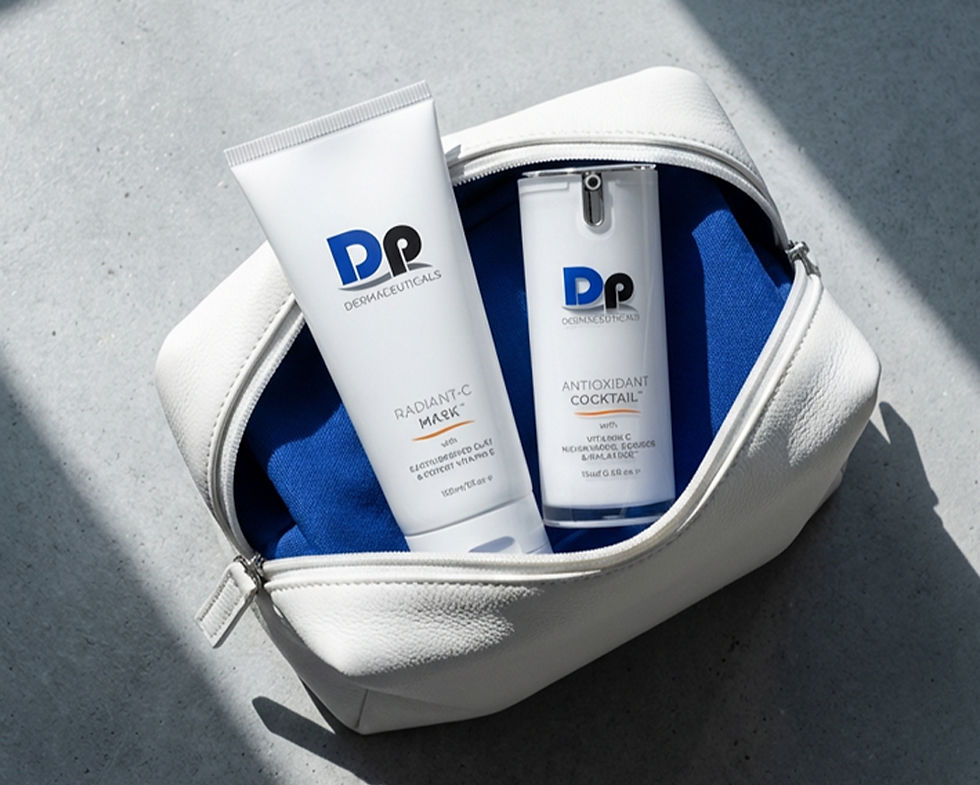 Kosmetická taštička na šedém pozadí obsahuje dva produkty DermaCeuticals: "Radiant-C Mask" a "Antioxidant Cocktail", s modrou podšívkou.