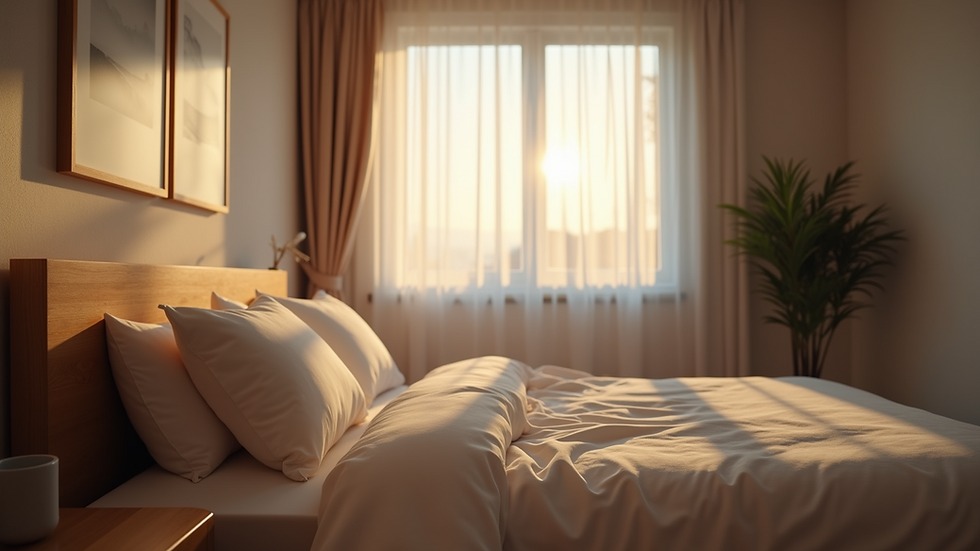 Eye-level view of a cozy bedroom with soft lighting and a comfortable bed