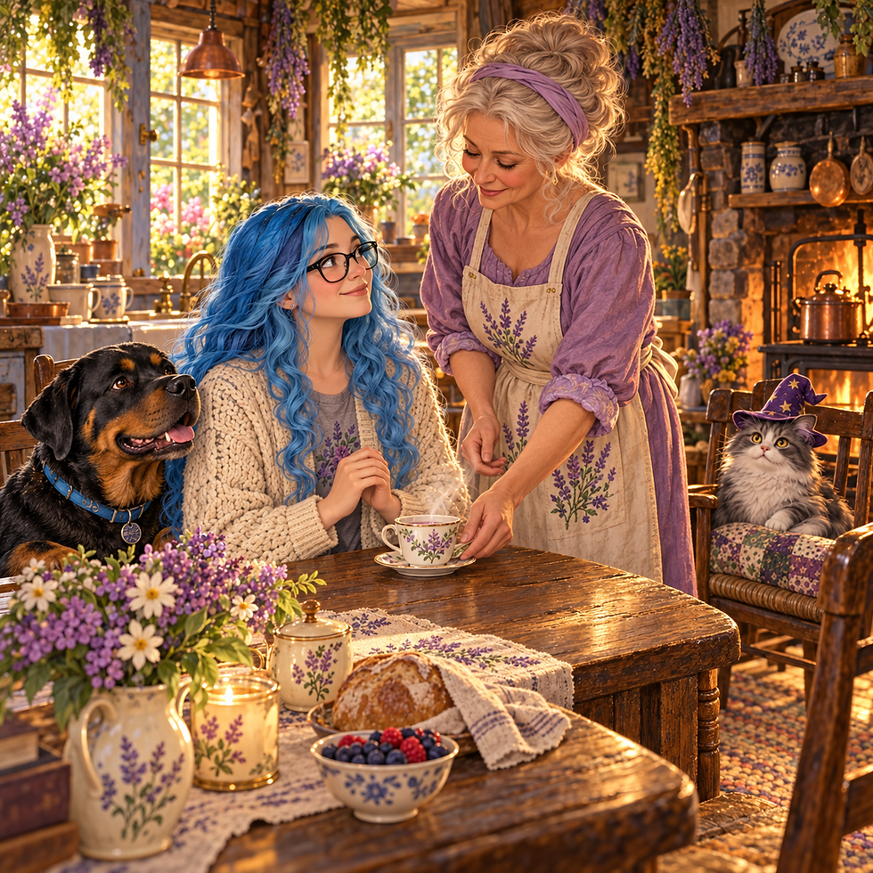 June places a floral cup of tea before Misty while Nova and Merlin settle into the warm, lived-in kitchen.