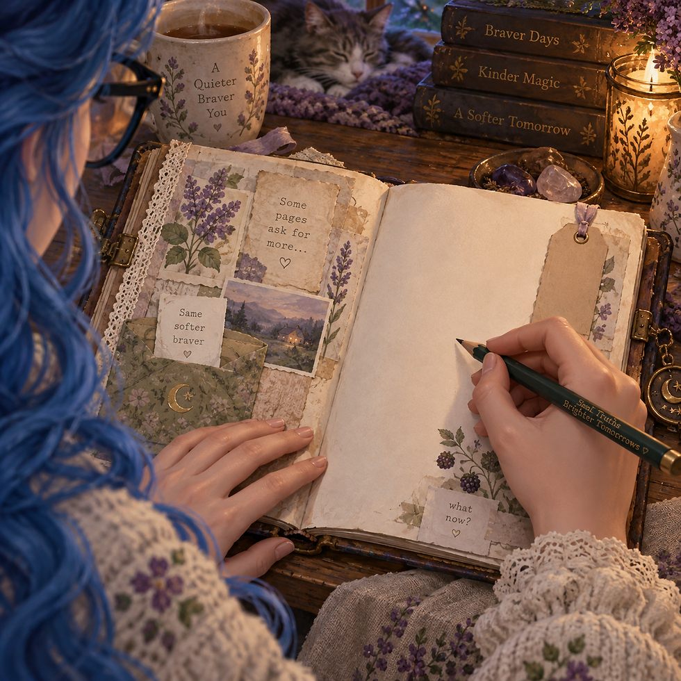 Misty pauses over a blank page in the handmade journal, sensing that some empty pages need meaning rather than decoration.