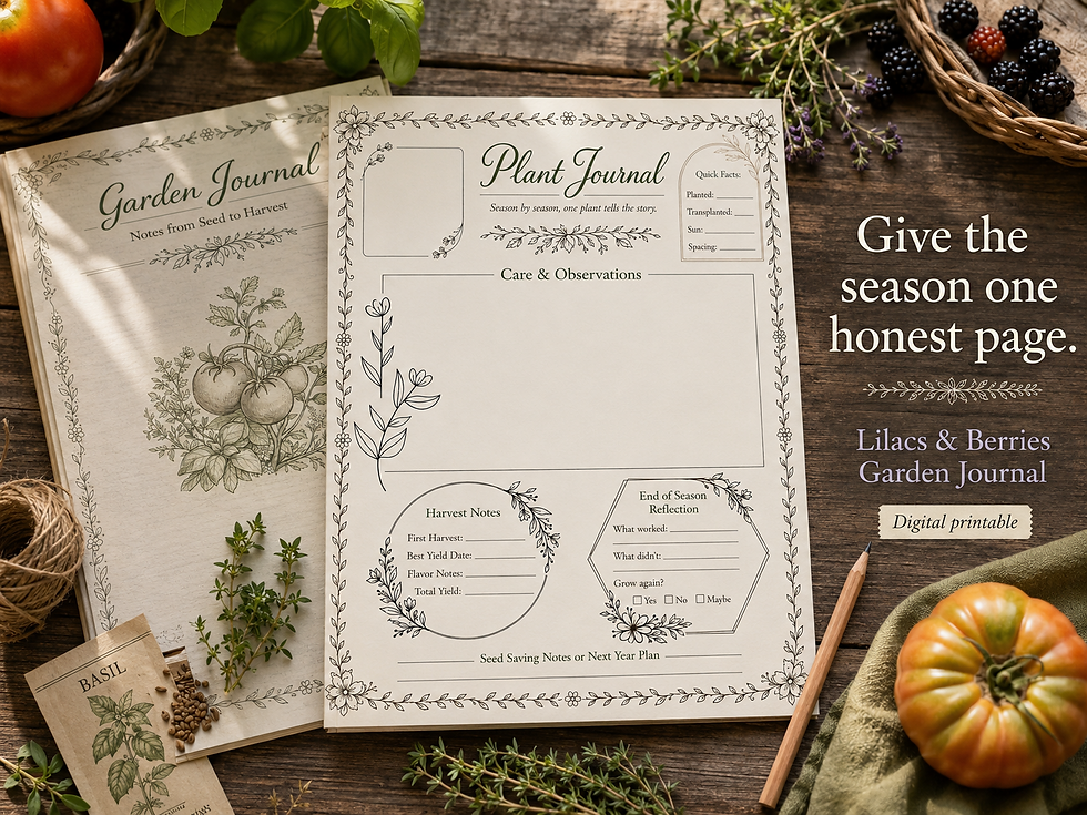 Printable Lilacs & Berries Garden Journal page beside a late-summer harvest and garden tools.