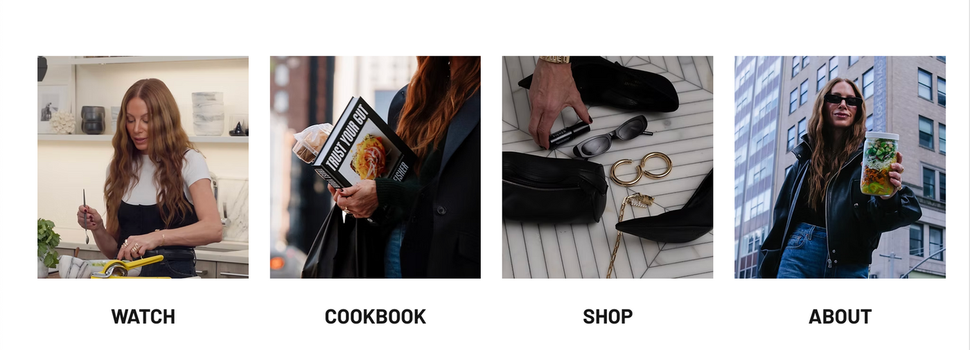 MAEDYN navigation tiles for Watch, Cookbook, Shop and About