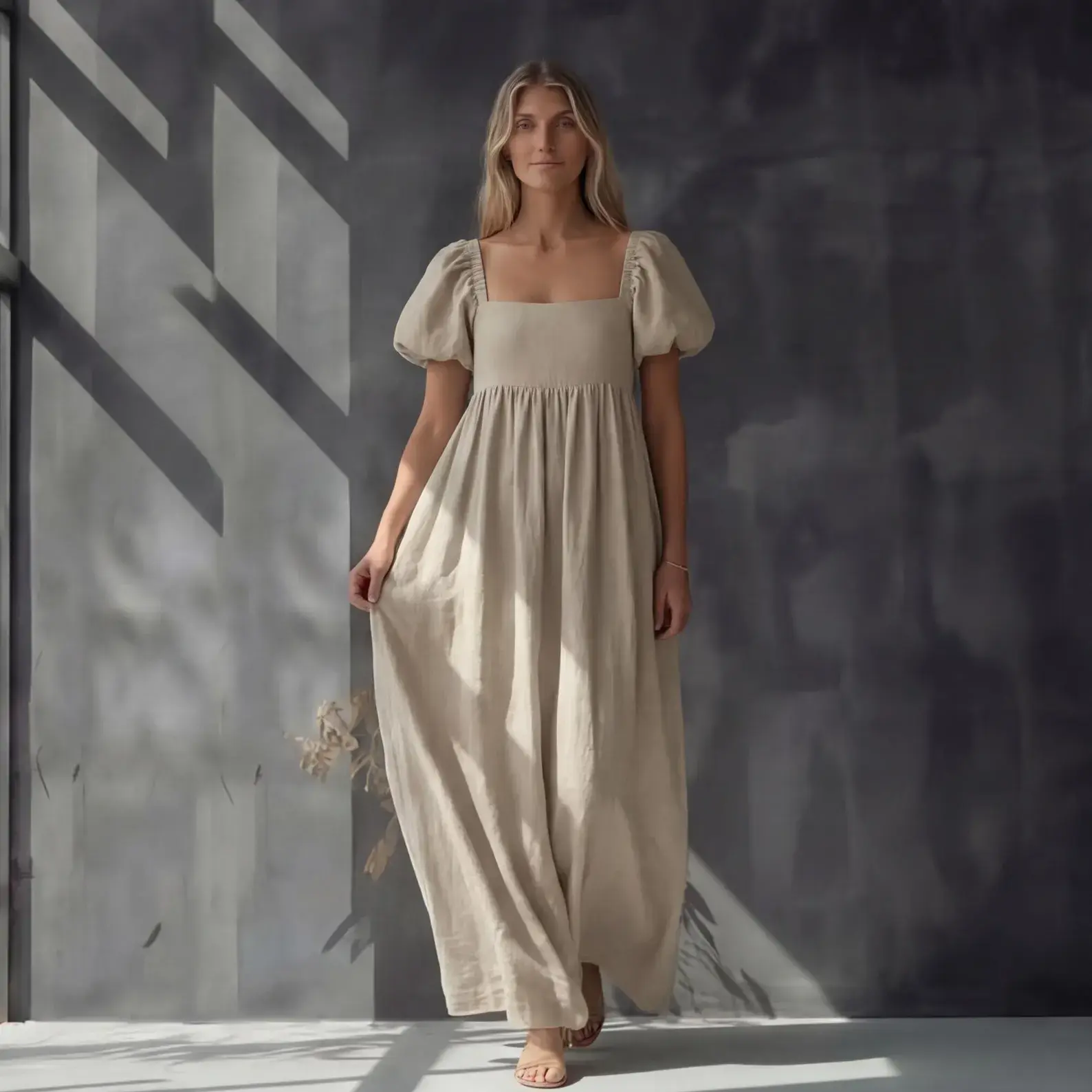 Women’s Linen Puff Sleeve Empire Waist Maxi Dress