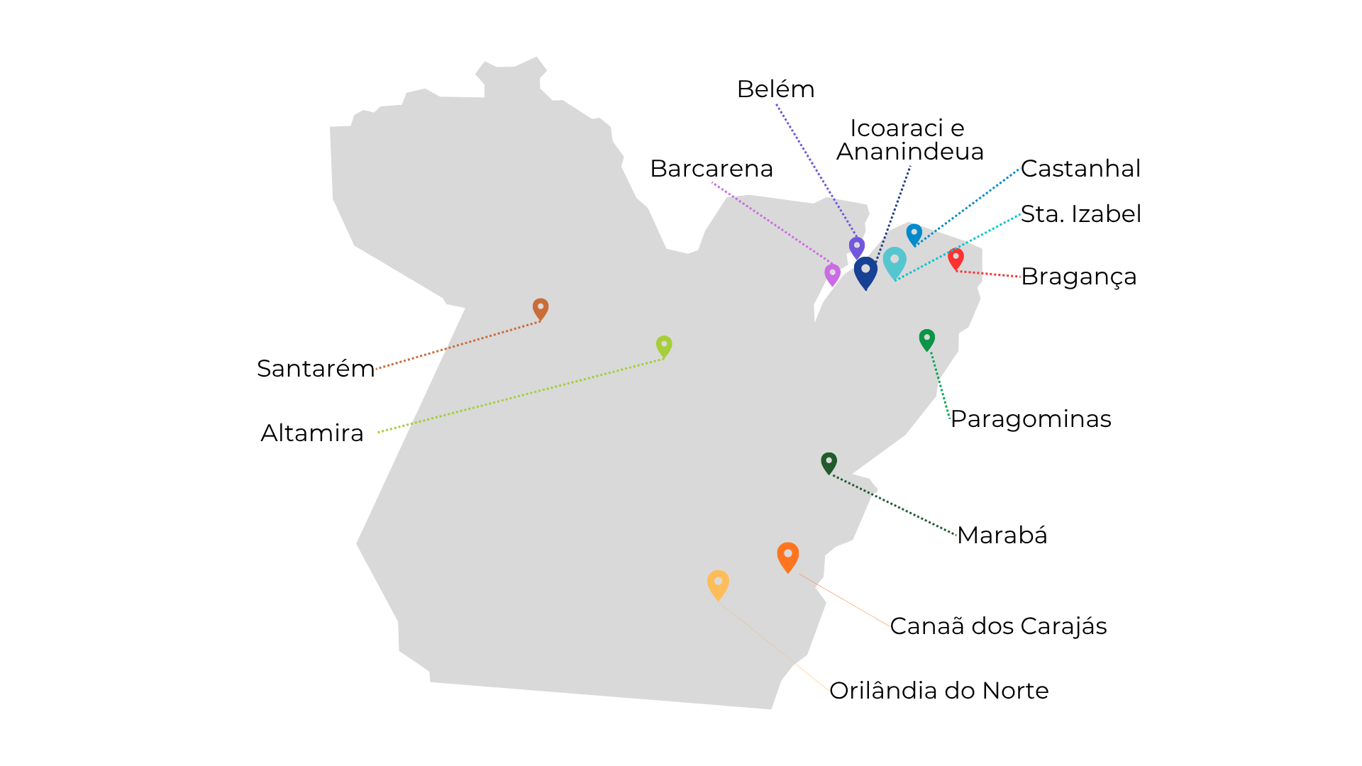 Mapa do Pará com as cidades onde há escolas SESI: Belém, Icoaraci, Ananindeua, Barcarena, Castanhal, Santa Izabel, Bragança, Paragominas, Marabá, Canaã dos Carajás, Ourilândia do Norte, Altamira e Santarém