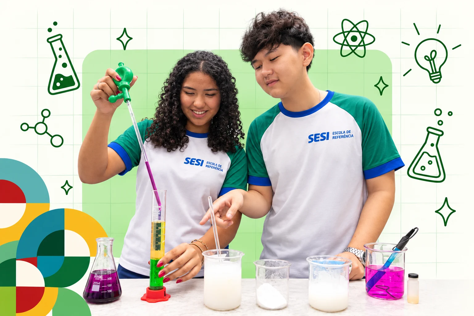 Dois estudantes do SESI fazem um experimento de química com pipeta, proveta e béqueres
