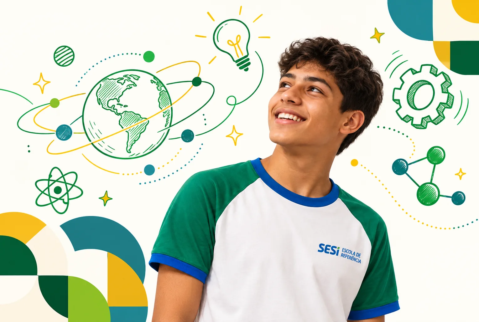 Estudante do SESI sorrindo, cercado por ilustrações de ciência e tecnologia