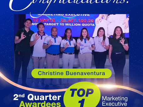 Congratulations to Christine Buenaventura for being recognized as the TOP 1 Marketing Executive Awardee for the 2nd Quarter 2025