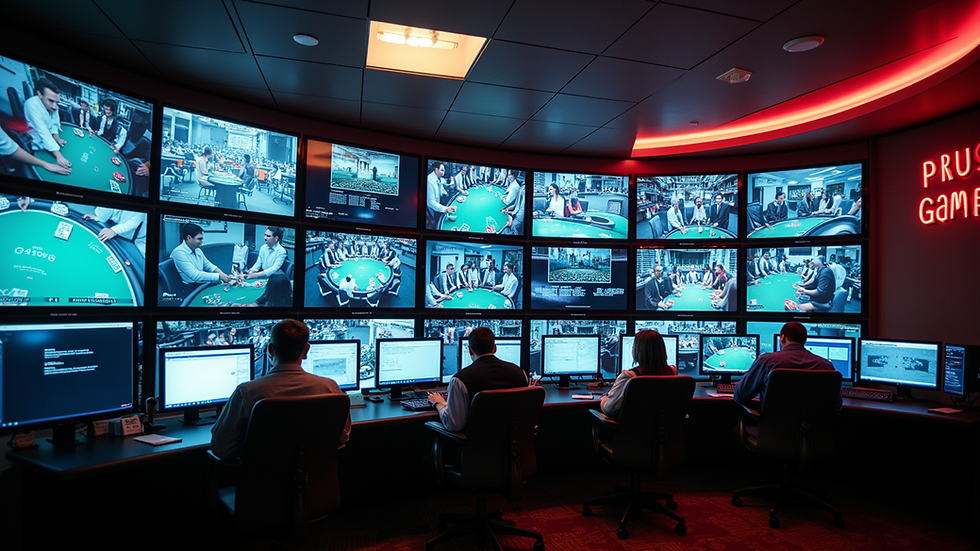 High angle view of a casino surveillance room with multiple monitors displaying live feeds