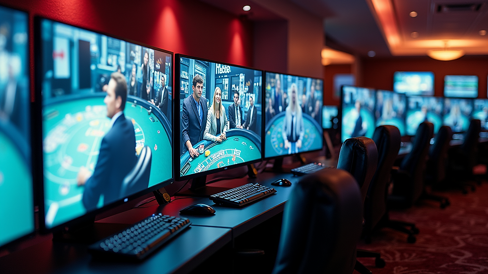 High angle view of a casino surveillance room with multiple screens displaying live feeds