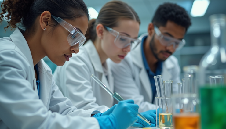 Close-up of a diverse group of students collaborating on a science experiment