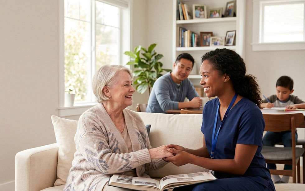 Caregiver holding hands with senior woman at home